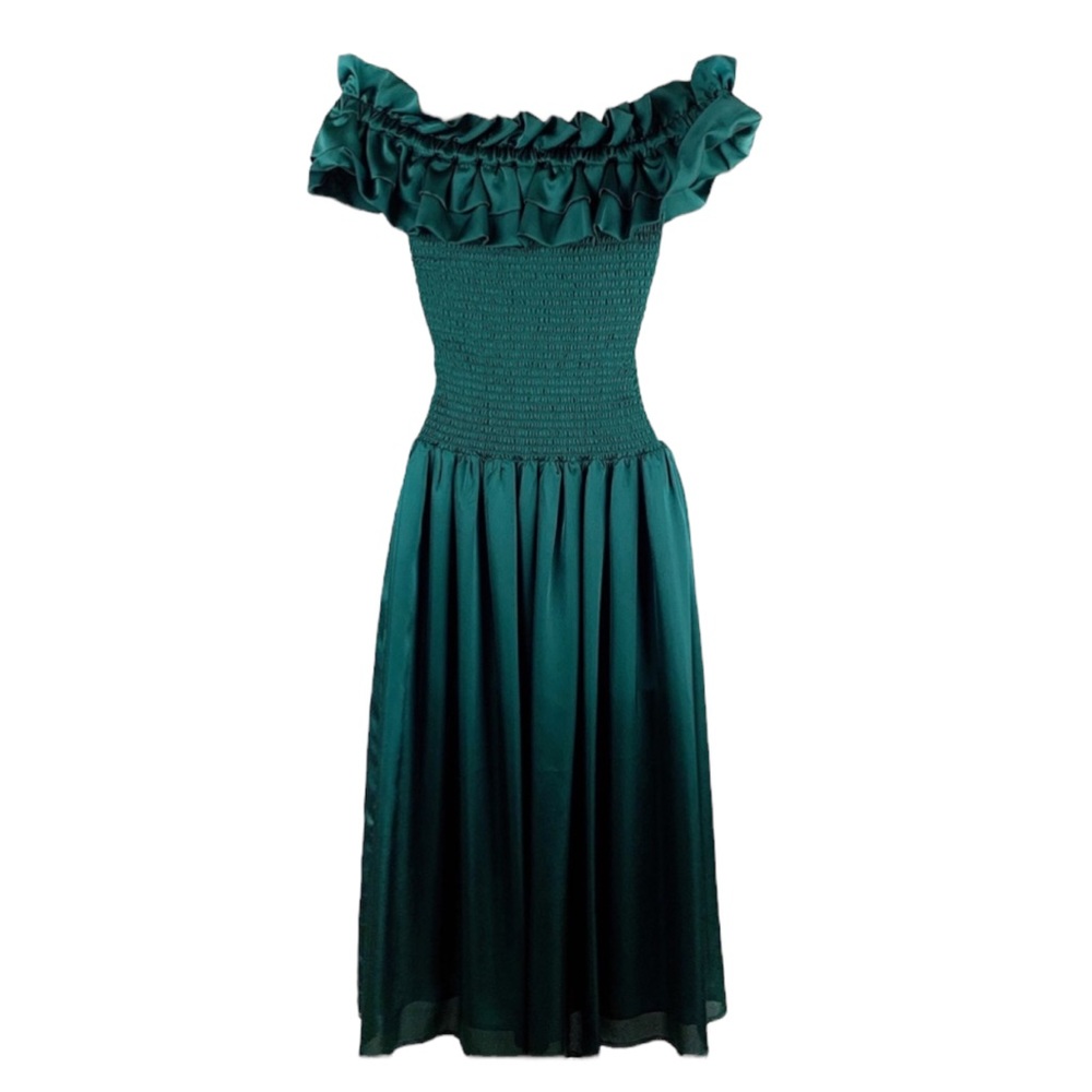 Gianni Bini Serena Ruffle Off-the-Shoulder Smocked Emerald Green Dress